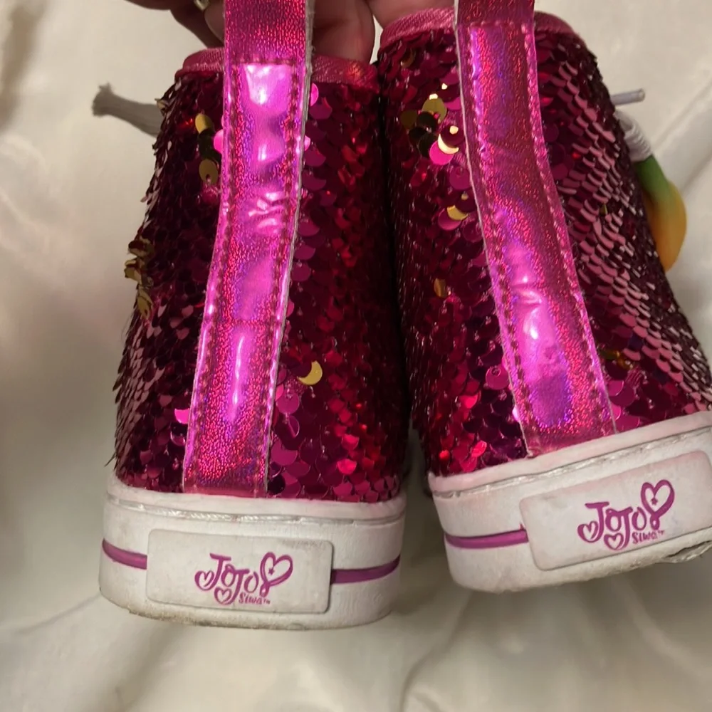 EUC Girls Size 3 JoJoHot Pink Sequin HighTop w/ Rainbow Bow, Bebe Boot, JoJoBow